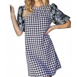 NEW VOY floral bubble sleeve houndstooth dress in black
